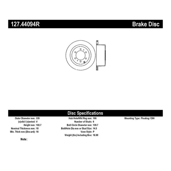 Centric Parts Disc Brake Rotor P/N:127.44094R Fits select: 1993-1997 TOYOTA LAND CRUISER, 1996-1997 LEXUS LX