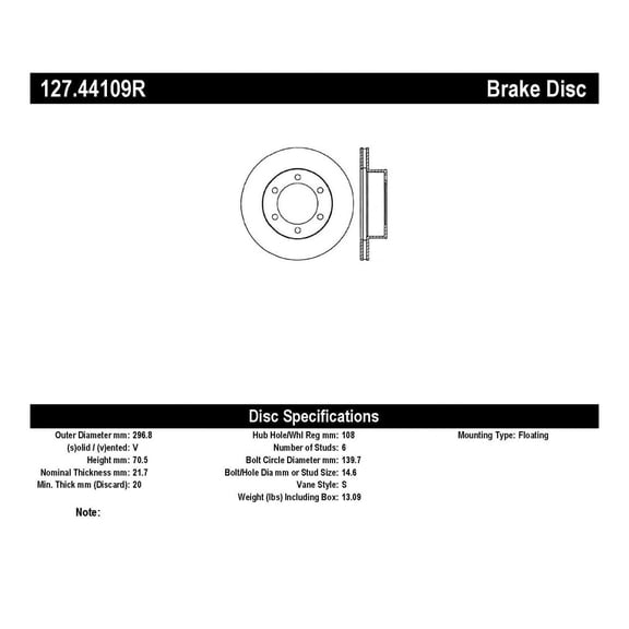 Centric Parts Disc Brake Rotor P/N:127.44109R Fits select: 1995-2004 TOYOTA TACOMA, 1995-2002 TOYOTA 4RUNNER