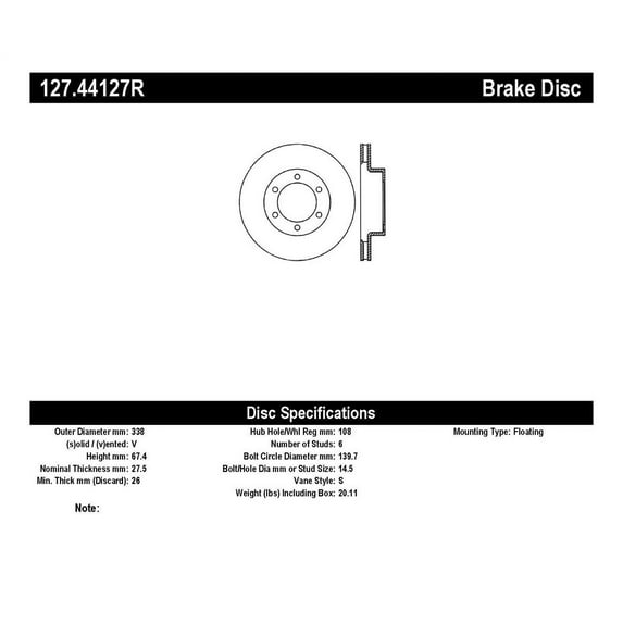Centric Parts Disc Brake Rotor P/N:127.44127R Fits select: 2003-2009 TOYOTA 4RUNNER, 2003-2009 LEXUS GX