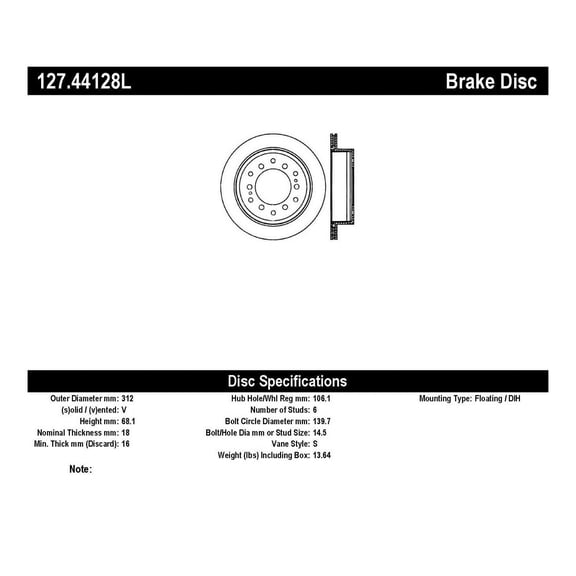 Centric Parts Disc Brake Rotor P/N:127.44128L Fits select: 2003-2009 TOYOTA 4RUNNER, 2007-2009 TOYOTA FJ CRUISER