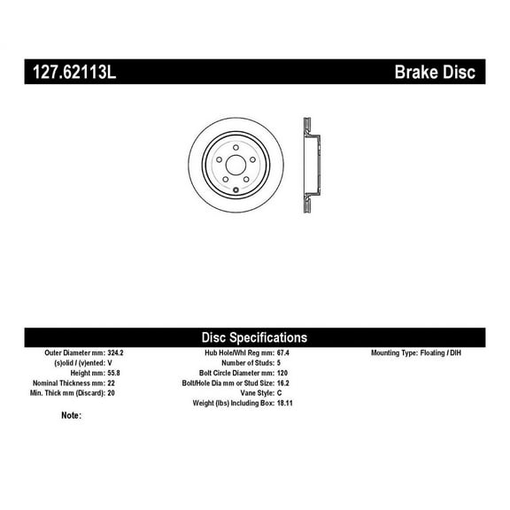Centric Parts Disc Brake Rotor P/N:127.62113L Fits select: 2008-2009 PONTIAC G8, 2011-2017 CHEVROLET CAPRICE