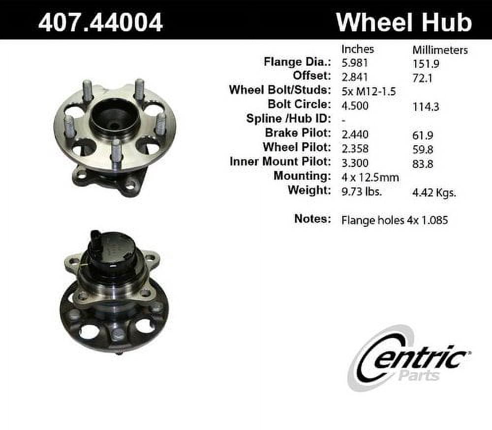 Centric Parts Wheel Bearing and Hub Assembly P/N:407.44004E Fits select: 2004-2007 TOYOTA HIGHLANDER, 2004-2009 LEXUS RX