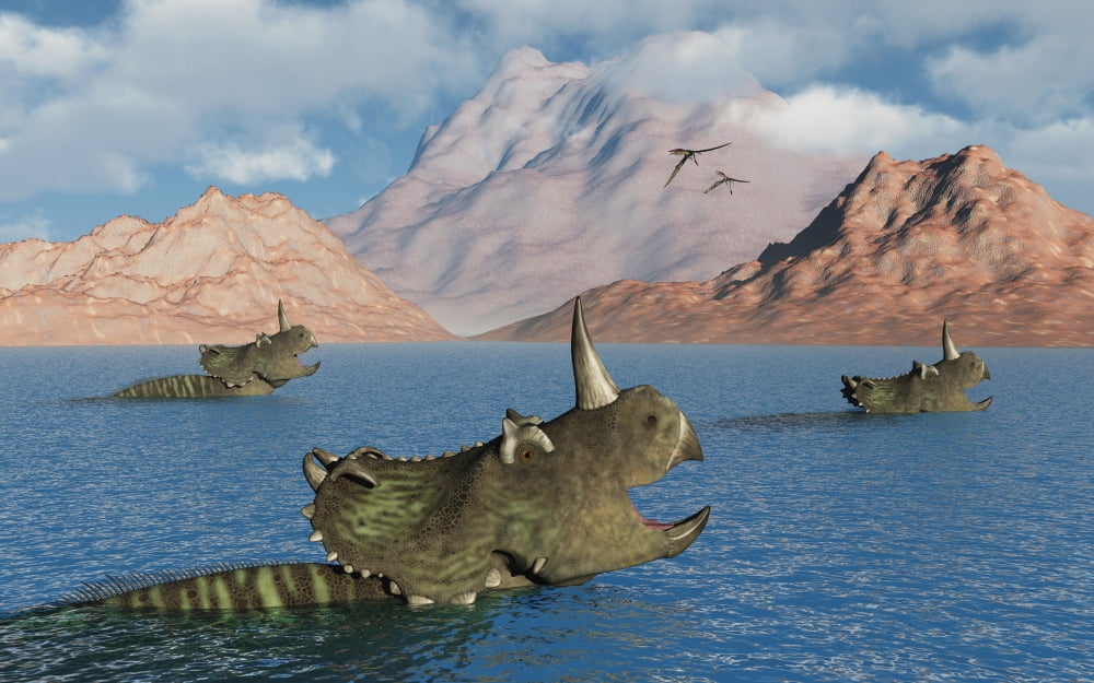 Centrosaurus dinosaurs migrating across a river Canvas Art - Mark StevensonStocktrek Images (36 x 23)