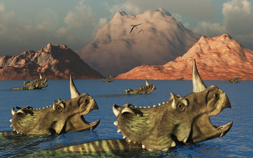 Centrosaurus dinosaurs migrating across a river Canvas Art - Mark StevensonStocktrek Images (36 x 23)
