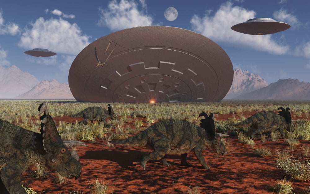 Centrosaurus dinosaurs walk past a UFO stuck in the ground Canvas Art - Mark StevensonStocktrek Images (36 x 23)
