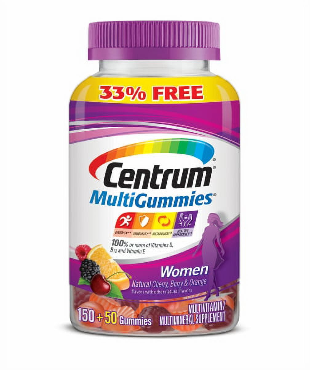 Centrum MultiGummies Women BONUS 200 Count 33%, Natural Cherry, Berry, Orange Flavor) Multivitamin/Multimineral Supplement