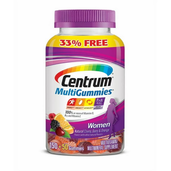 Centrum MultiGummies Women BONUS 200 Count 33%, Natural Cherry, Berry, Orange Flavor) Multivitamin/Multimineral Supplement