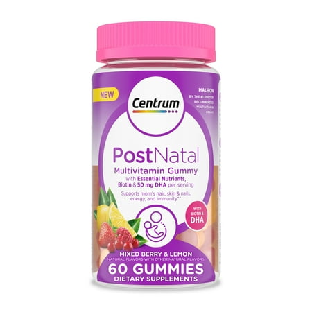 Centrum Postnatal Womens Multivitamin Gummies With Biotin and Dha, Mixed Berry and Lemon, 60 Count