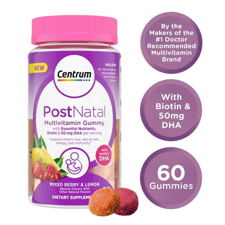 Centrum Postnatal Womens Multivitamin Gummies With Biotin and Dha, Mixed Berry and Lemon, 60 Count