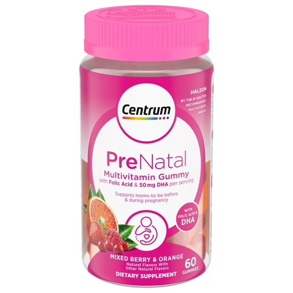 Centrum Prenatal Gummy Vitamins With Dha and Folic Acid, Mixed Berry and Orange, 60 Count