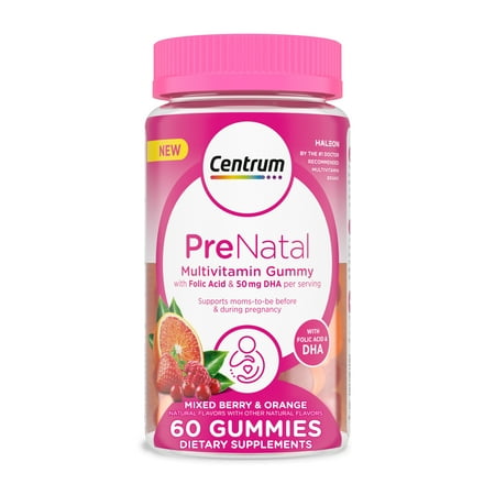 Centrum Prenatal Gummy Vitamins With Dha and Folic Acid, Mixed Berry and Orange, 60 Count