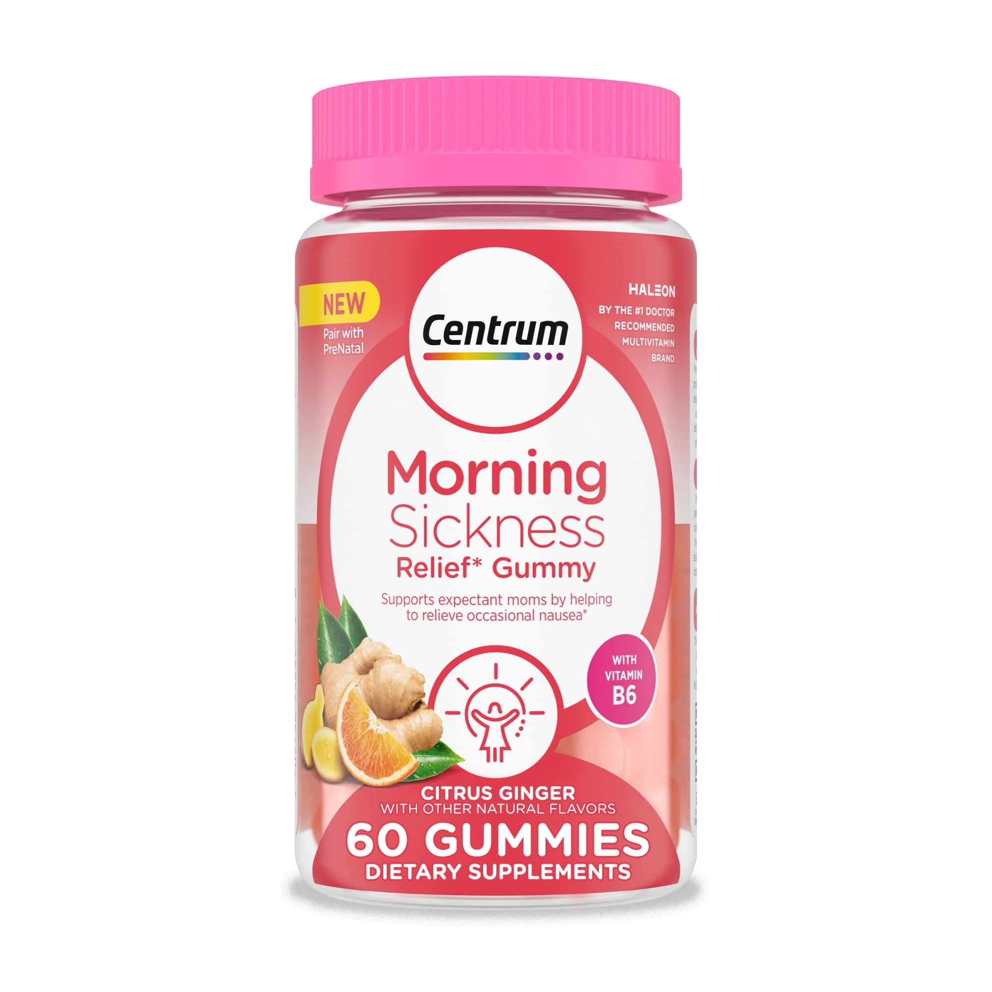 Centrum Prenatal Vitamin Gummies for Morning Sickness Relief, Citrus Ginger Flavor, 60 Count