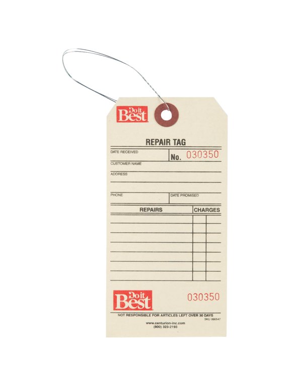 Repair Tag Centurion 2-7/8 In. 5-3/4 In. - 2 Part Vehicle Repair ID Tag - Multicolor Residential Use, Standard Application