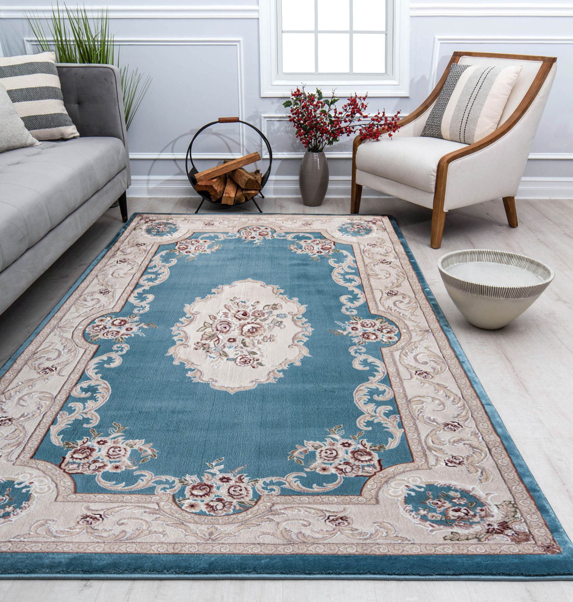 Aubusson Blue and Taupe 5' x 5' Transitional Vintage Area Rug