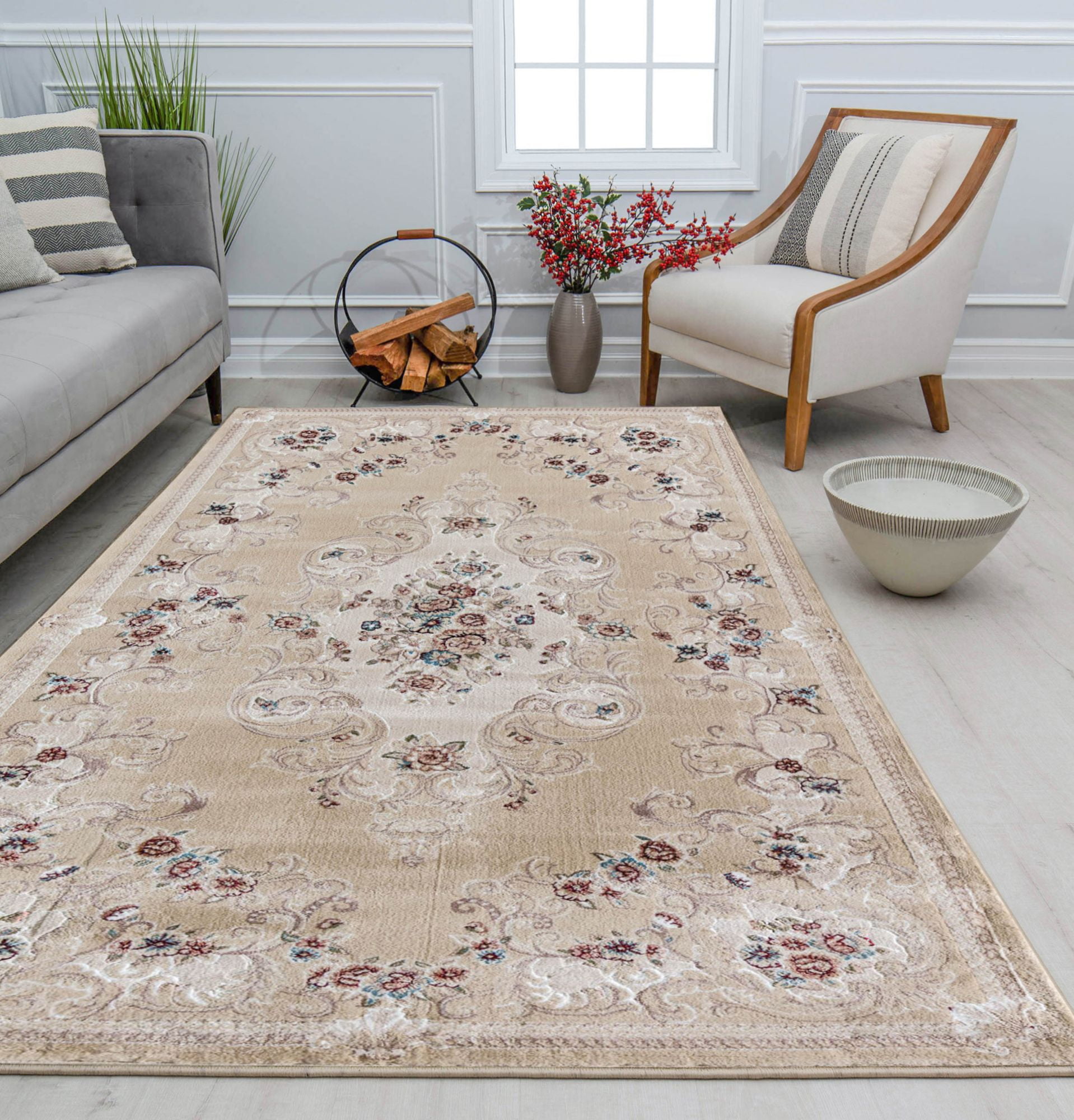 Reversible Round Blue Synthetic 60" Stain-Resistant Area Rug