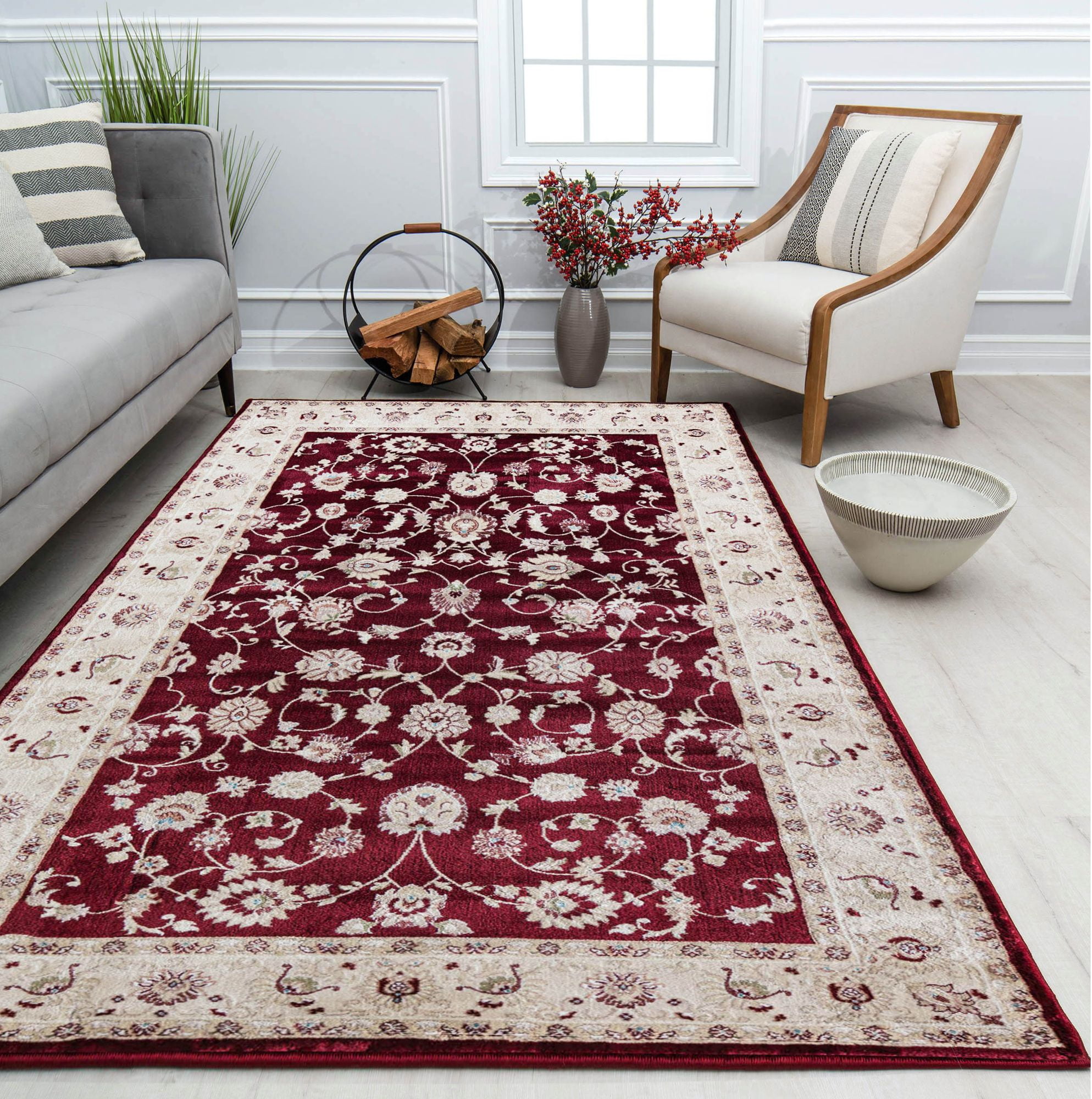 Centurion CY50B Floral Burgandy Transitional Vintage Red Area Rug, 5'0"x5'0"