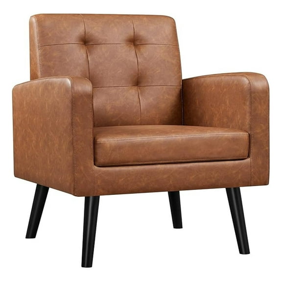 -Century Accent Chairs, PU Leather Modern Upholstered Living Room Chair, Cozy Armchair Button Tufted Back and Wood Legs for Bedroom/Office/Cafe, Brown