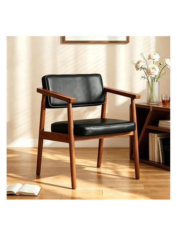 Century Dining Chairs with Wooden Handrail, Black Upholstered Pu Leather Armchair Comfy Backrest Modern Kitchen Chairs for Bedroom Living Room Dining Room, Set of 1