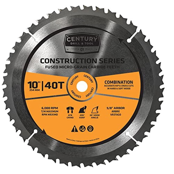 Century Drill & Tool 10213 10" 40T Construction Circular Saw Blade, Durable C3 Carbide Teeth, Heat Vents, Precise Cuts, Low Vibration