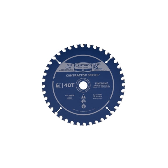 Century Drill & Tool 10268 6-1/2" 40T Contractor Series Carbide Saw Blade, Thin Kerf, Heat Resistant, Non-Stick Coating, Durable, Precise