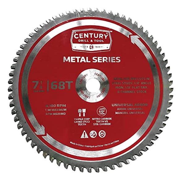 Century Drill & Tool 10299 7-1/4” 68T Metal Cutting Saw Blade, Nitro Carbide Teeth, No Burr Cuts, Thin Kerf, Long Life, Anti-Kickback Safety