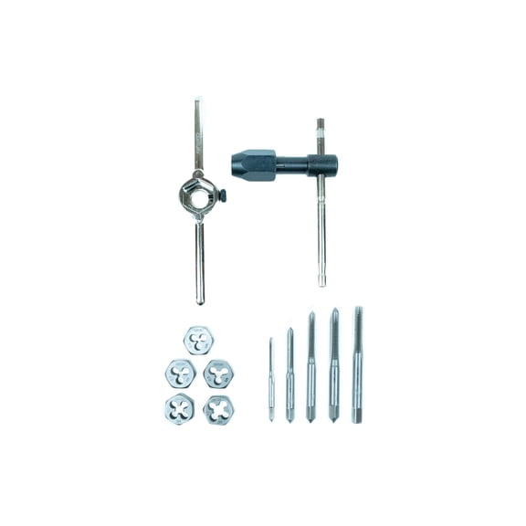 Century Drill & Tool 12 Piece Metric Tap & Die Set 98926; ideal for mechanics, maintenance work, fabrication, and general repairs, 5/8" across the flats