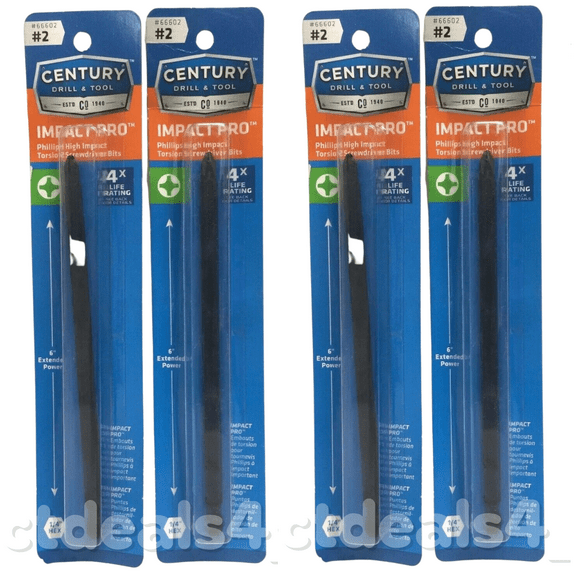 Century Drill&Tool #2 Impact Pro Phillips Torsion Screwdriver Bits Pack of 4