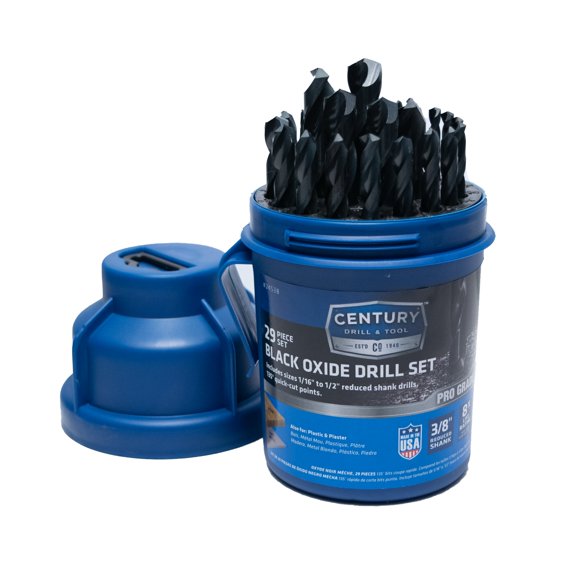 Century Drill & Tool 24538 Pro Grade Reduced Shank Black Oxide Drill Set, 29 Piece, Made in The USA
