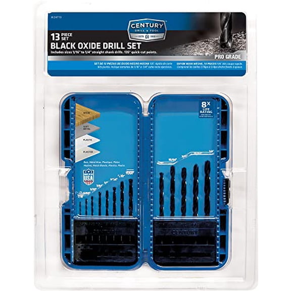 Century Drill & Tool 24713 Pro Grade Black Oxide Drill Set, 13 Piece, Made in The USA, for Wood and Metal