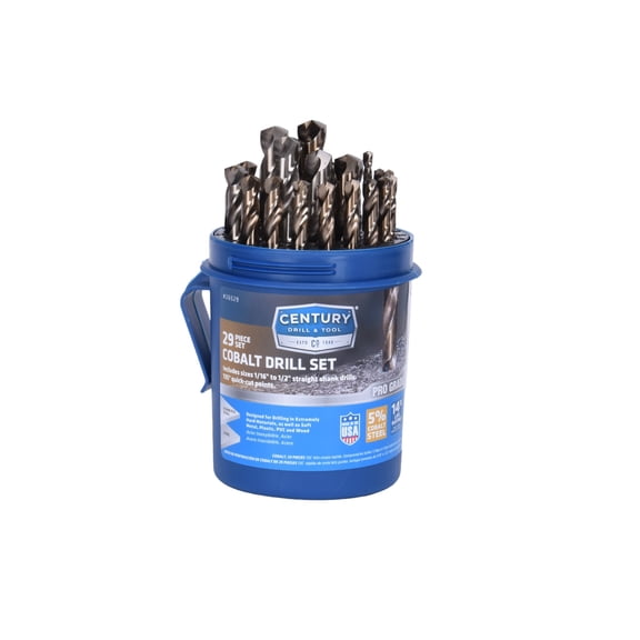Century Drill & Tool 26529 29 Piece Pro Grade Cobalt Drill Bit Set, 1/16" To 1/2", 135 Degree Quick-Cut, M35 Steel