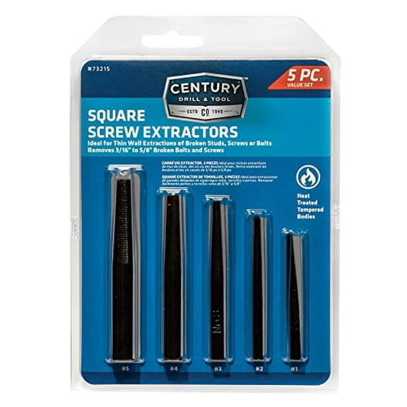 Century Drill & Tool 73215 5-Piece Square Flute Screw Extractor Set, #1 - #5, for Extracting Broken Screws and Bolts Without Damaging Threads