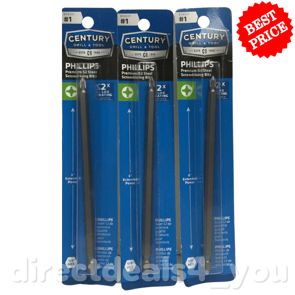 Century Drill & Tool 68601 #1 Phillips  Screwdriving Bits Pack of 3