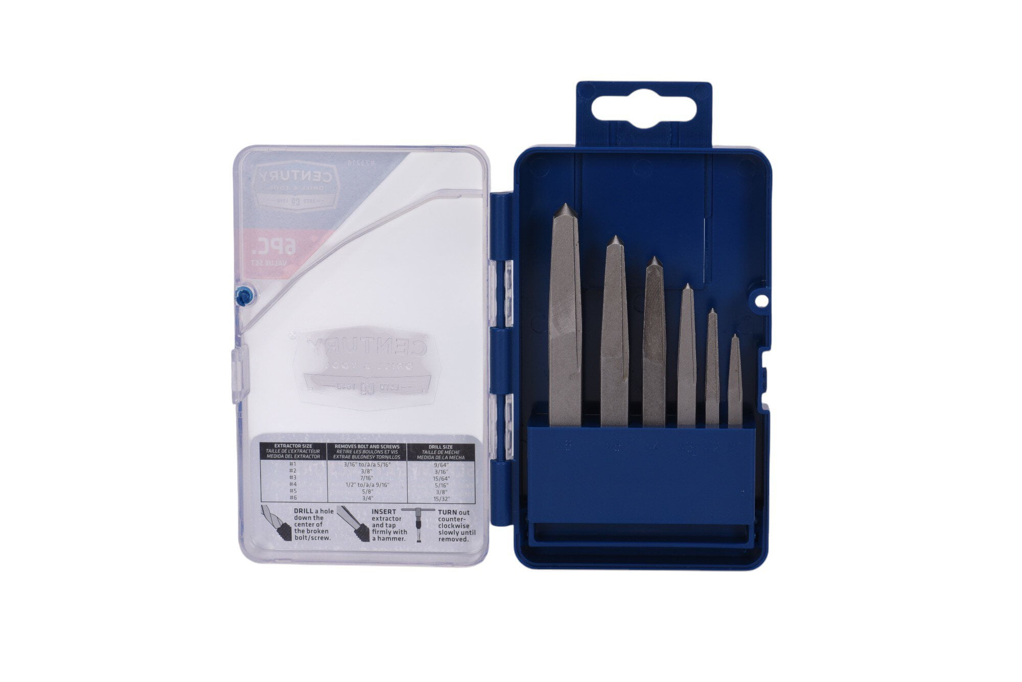 Century Drill & Tool 73214 6-Piece Square Flute Screw Extractor Set, #1 - #6, for Extracting Broken Screws and Bolts Without Damaging Threads