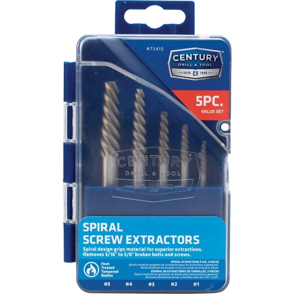 Century Drill & Tool 73415 Spiral Flute Screw Extractor Set, 5 Piece