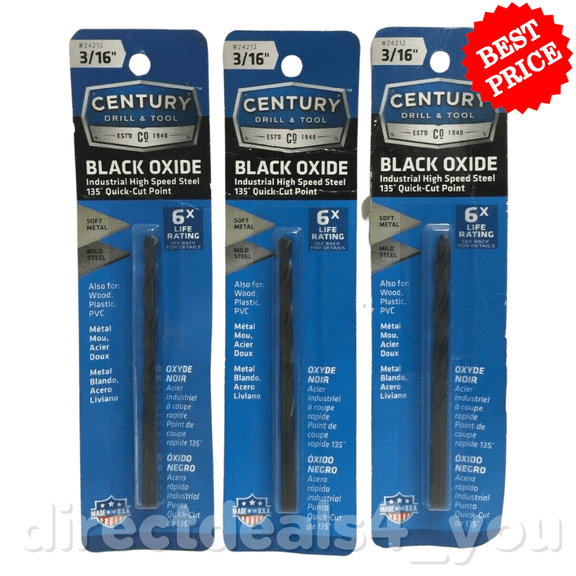 Century Drill & Tool Drill Bit 24212 Black Oxide 3/16-Inch Pack of 3