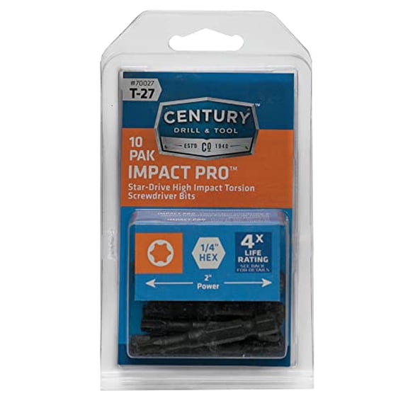 Century Drill & Tool 70027 Impact Screwdriver Bit T27 Torx, 2", 10 Pack