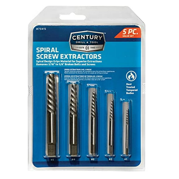 Century Drill & Tool 73415 Spiral Flute Screw Extractor Set, #1 - #5, Heat-Treated Steel, Superior Grip for Easy Extraction of Broken Screws and Bolts