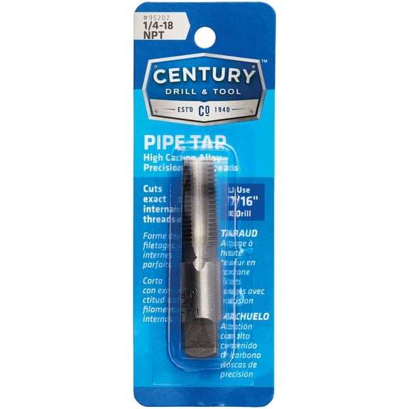 Century Drill & Tool Pipe Thread Tap, 1/4-18NPT High Carbon Steel Precision Cut Threads Heat Treated for Durability Use with 7/16" Drill - 95202
