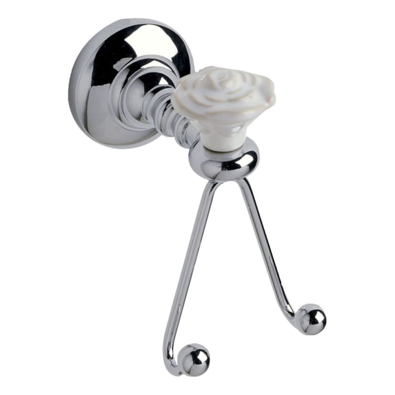 Rose - Premium Solid Brass, Double hook, Polished Chrome with White Rose