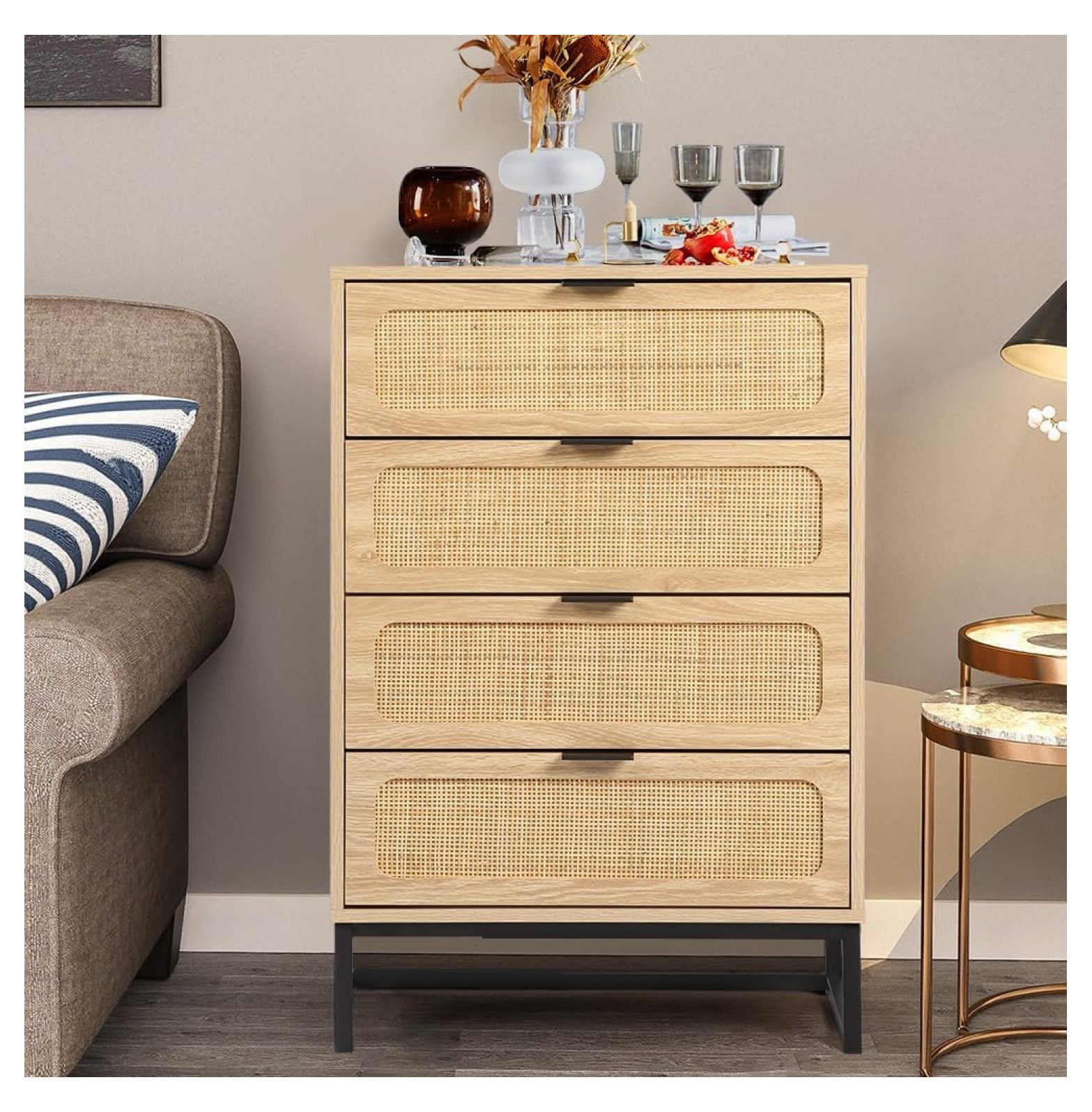 Century Modern Dresser, 4 Drawer Rattan Dresser for Bedroom Wood, Boho