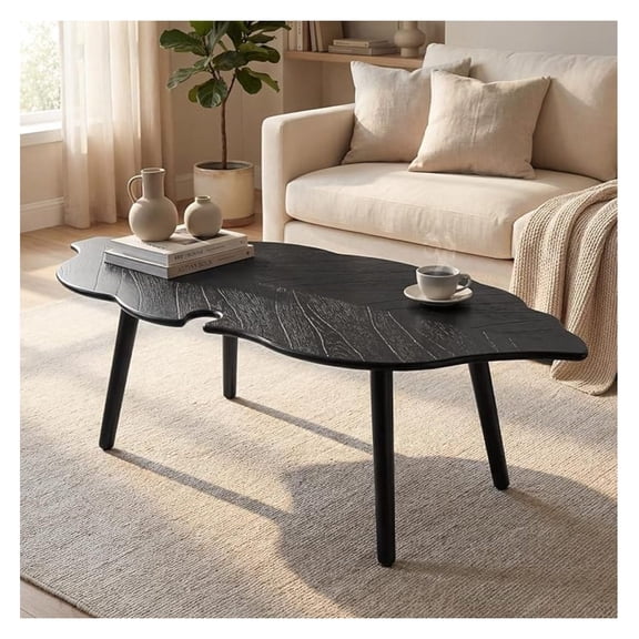 -Century Modern Leaf-Shaped Coffee Table Solid Wood Coffee Table for Living Room Wooden Center Table with Black Finish & Carved Design Contemporary Light Table for Small Space Apartment