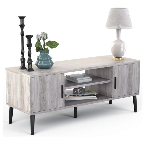 -Century Modern Rustic 45" TV Stand with 2 Side Doors Entertainment Center Console for Living Room Bedroom Office - Supports up to 55 Inch TV & 150 lbs Large Cabinet w/Shelves