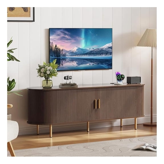 Century Modern TV Stand: Fluted Media Console for 40 55 65 Inch TVs, Entertainment Center with Storage Cabinet, Adjustable Shelves & Sliding Doors for Living Room & Bedroom, Dark Walnut