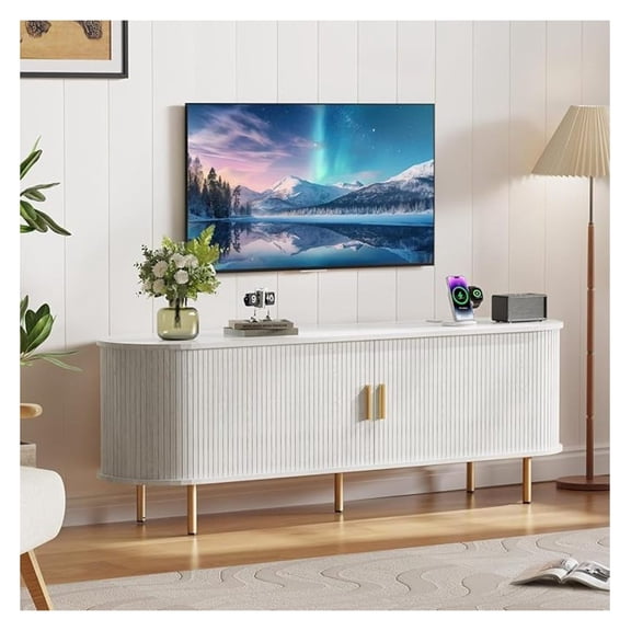 Century Modern TV Stand: Fluted Media Console for 40 55 65 Inch TVs, Entertainment Center with Storage Cabinet, Adjustable Shelves & Sliding Doors for Living Room & Bedroom, White