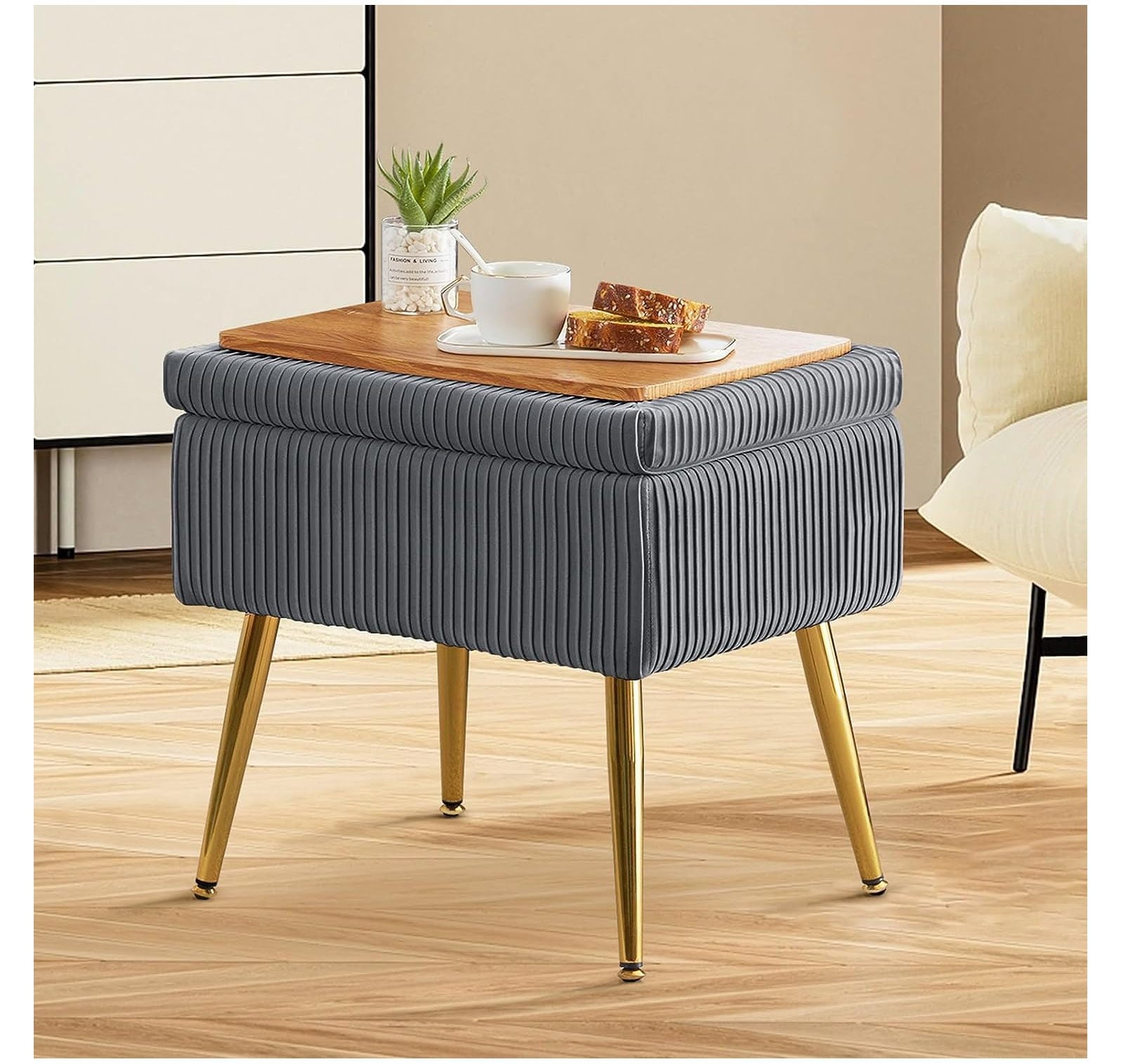 Century Vanity Bench with Storage and Golg Legs, Upholstered Square