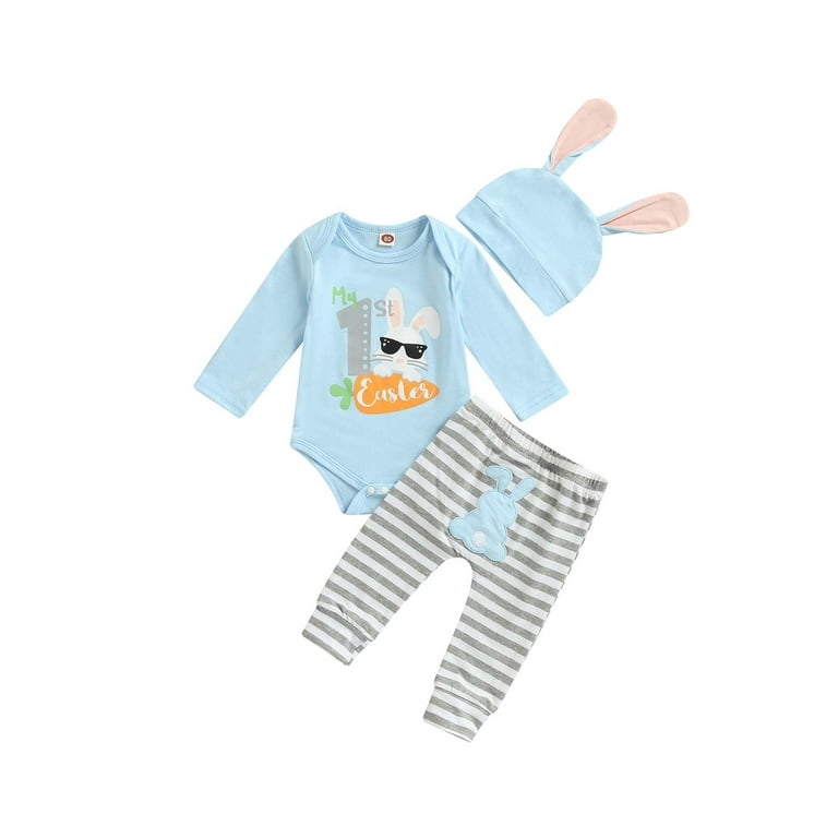 CenturyX 3PCS Baby Girl Boy My First Easter Outfit Bunny Letters Print Romper Striped Pants Set Rabbit Hat Infant Easter Clothes Light Blue 6 9