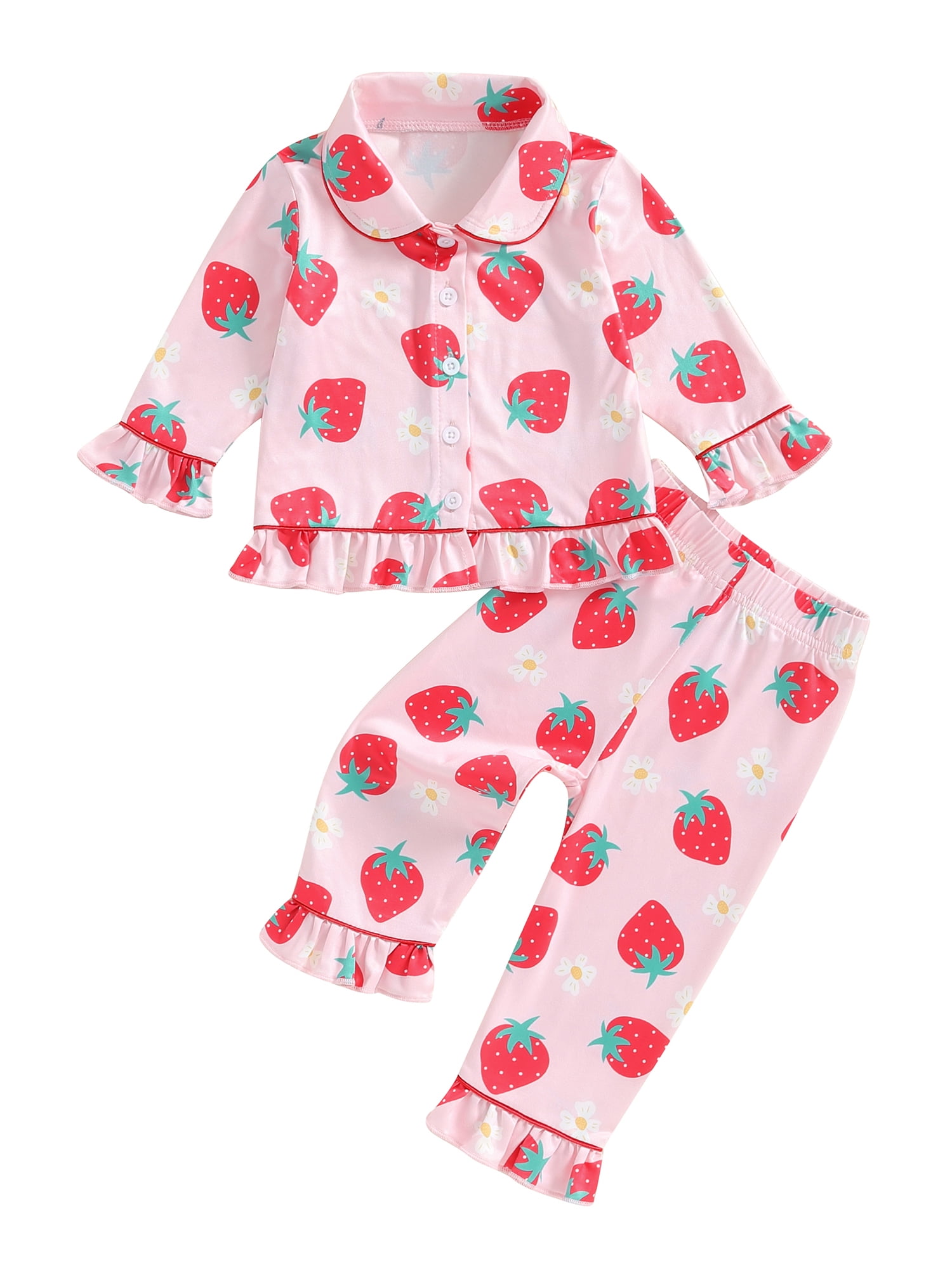CenturyX 6M 4T Toddler Two Piece Pajamas Set Baby Girl Strawberry Sleepwear Ruffle Long Sleeve Button Pajama Shirt Pants Pjs Walmart
