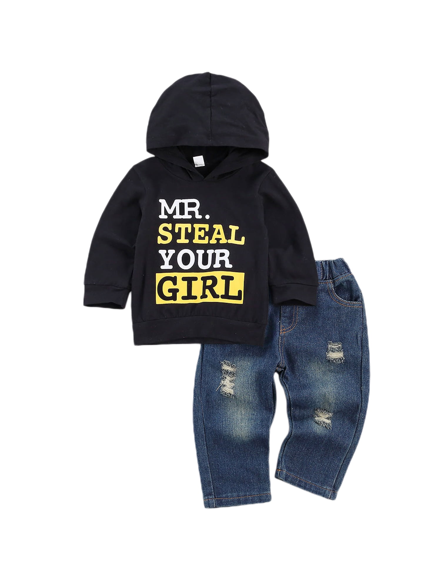 2-piece Toddler Boy Letter Print Hoodie Sweatshirt and Ripped Denim Jeans Set