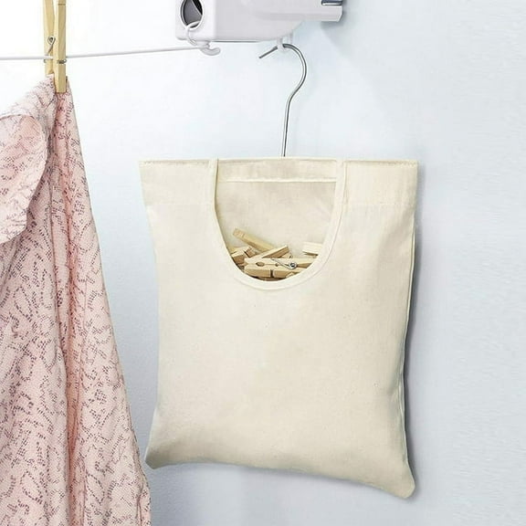PLGEBR Canvas Clothespin Bag Hanging Storage Organizer Laundry Clothes Pin Holder Storage Bag with Hanging Hook for Outdoors Beige 31.75cm * 26.67cm