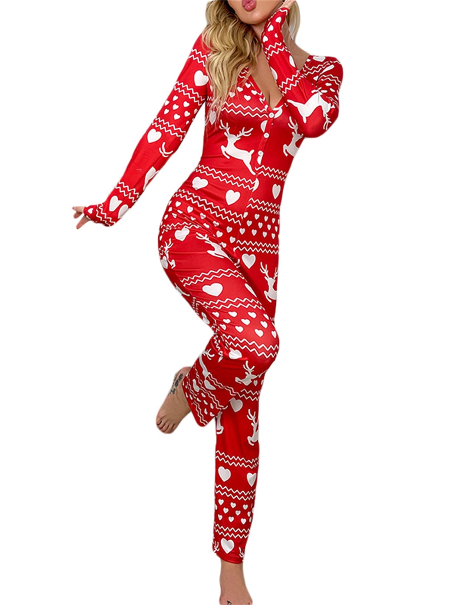Sunisery Women's Petite Ugly Christmas Onesie Stripe Print One Piece  Pajamas Clubwear Nightwear Long Sleeve Jumpsuit Sleepwear 
